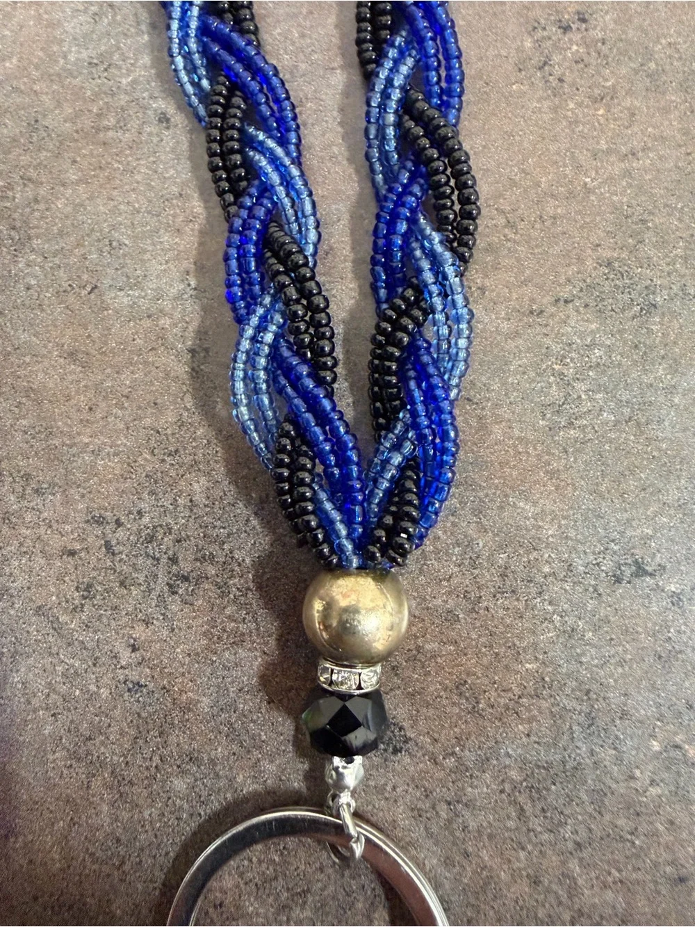 Beaded Braided Lanyard Necklace Blue & Black Detachable Key Ring Lobster Clasp.